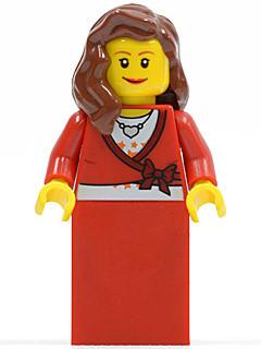 LEGO Minifigure-Sweater Cropped with Bow, Heart Necklace, Red Skirt, Reddish Brown Female Hair over Shoulder, Small Eylashes and Wide Smile-Town-TWN121-Creative Brick Builders